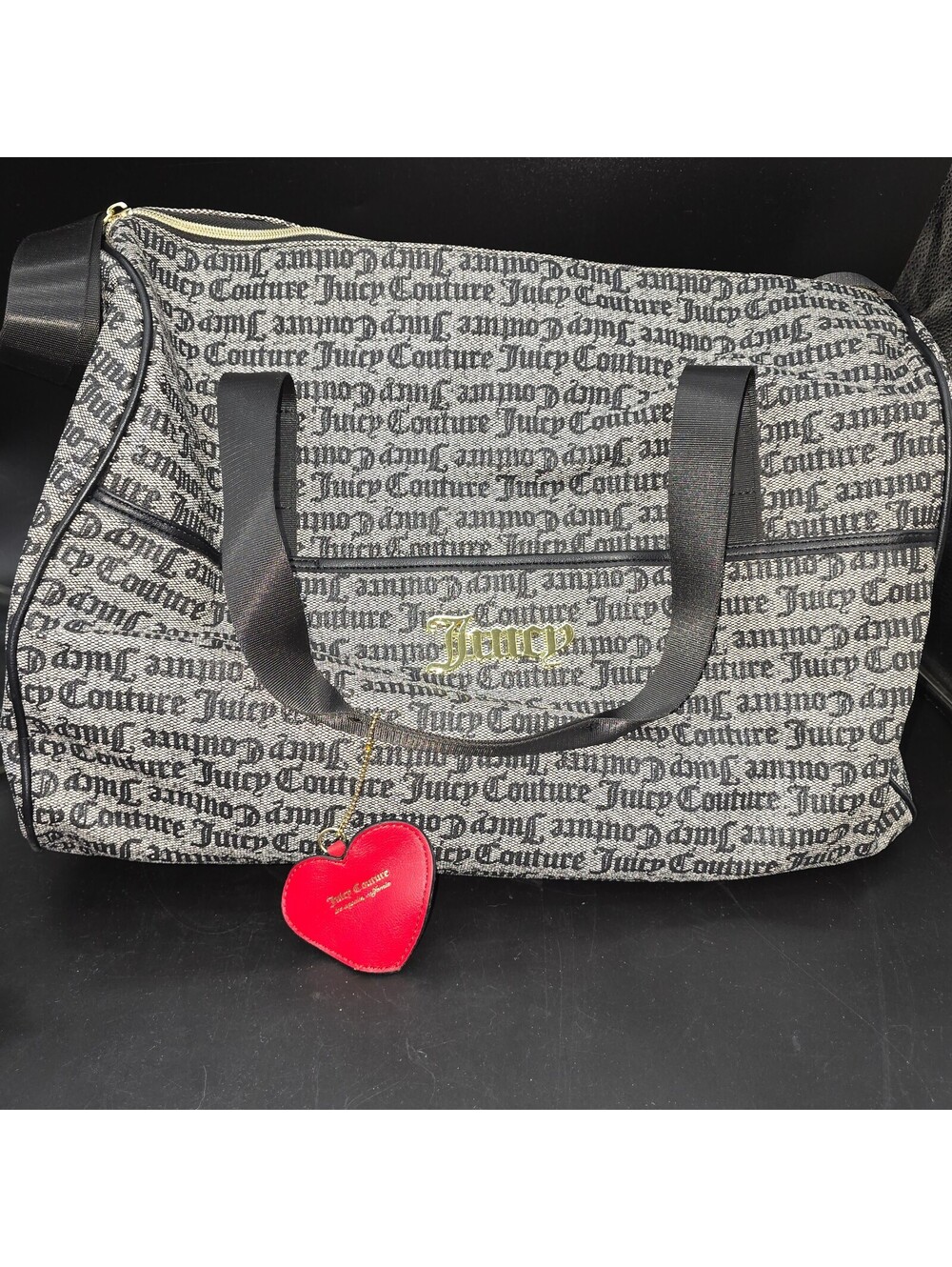 Juicy Couture Y2K McBling Gothic Spellout Duffle Bag Red Heart Charm Gorpcore